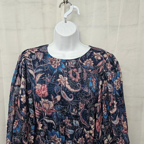 Sam & Jess Dress Blue Pink Metallic Floral Boho Tiered Chiffon Fairy Mini M - Picture 2 of 12